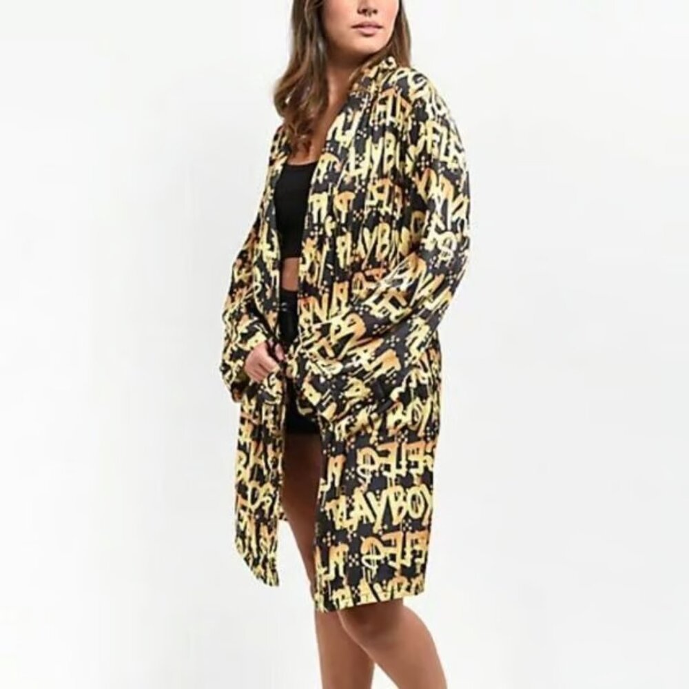 Playboy satin Robe Graffiti Luxe Bunny Logo black gold Lounge Party Cover Up M L
